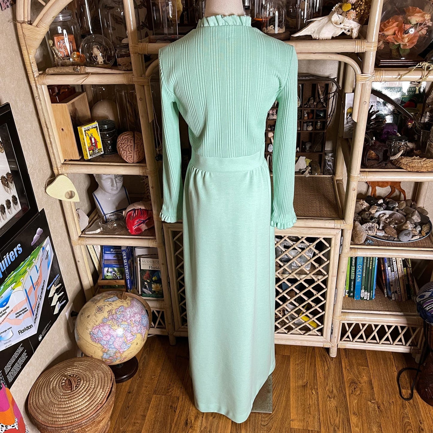 Vintage 70s Aqua Knit Maxi Dress with Ribbed Bodice Ruffle Details by Leslie Fay