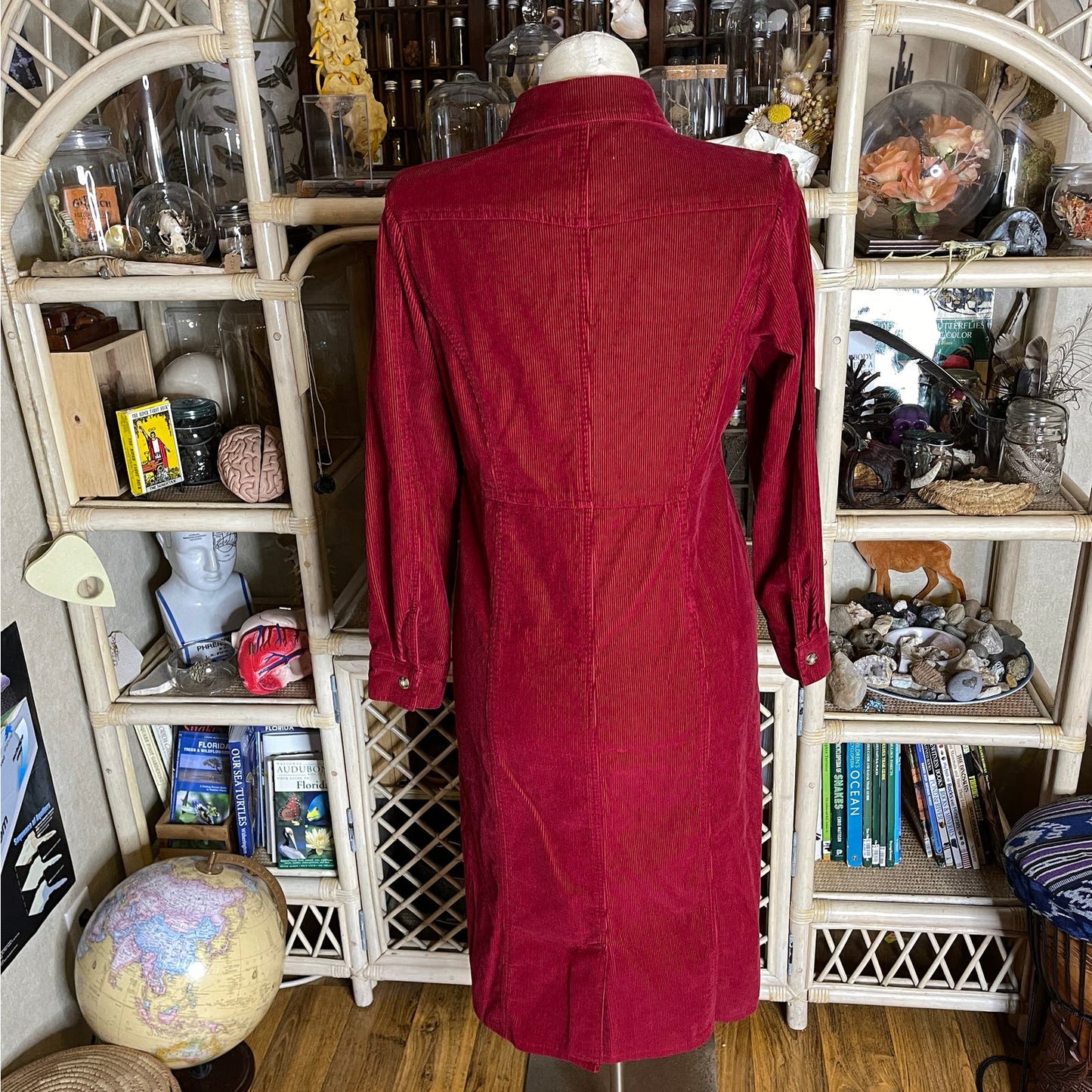 Vintage 90s Red Corduroy Dress Long Sleeves Button Front Midi Chelsea Studio 14P