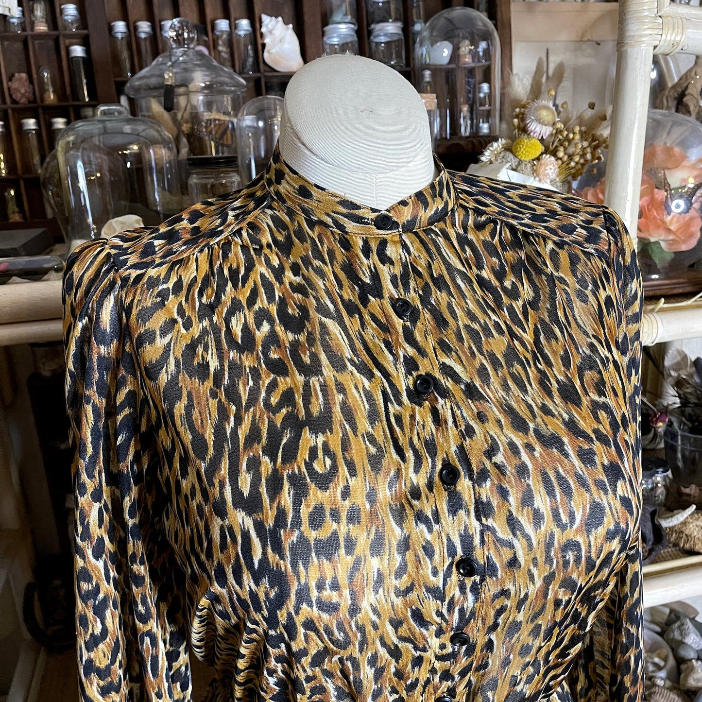 Vintage 70s Leopard Print Midi Dress Lightweight Sheer Half Sleeves Size M L