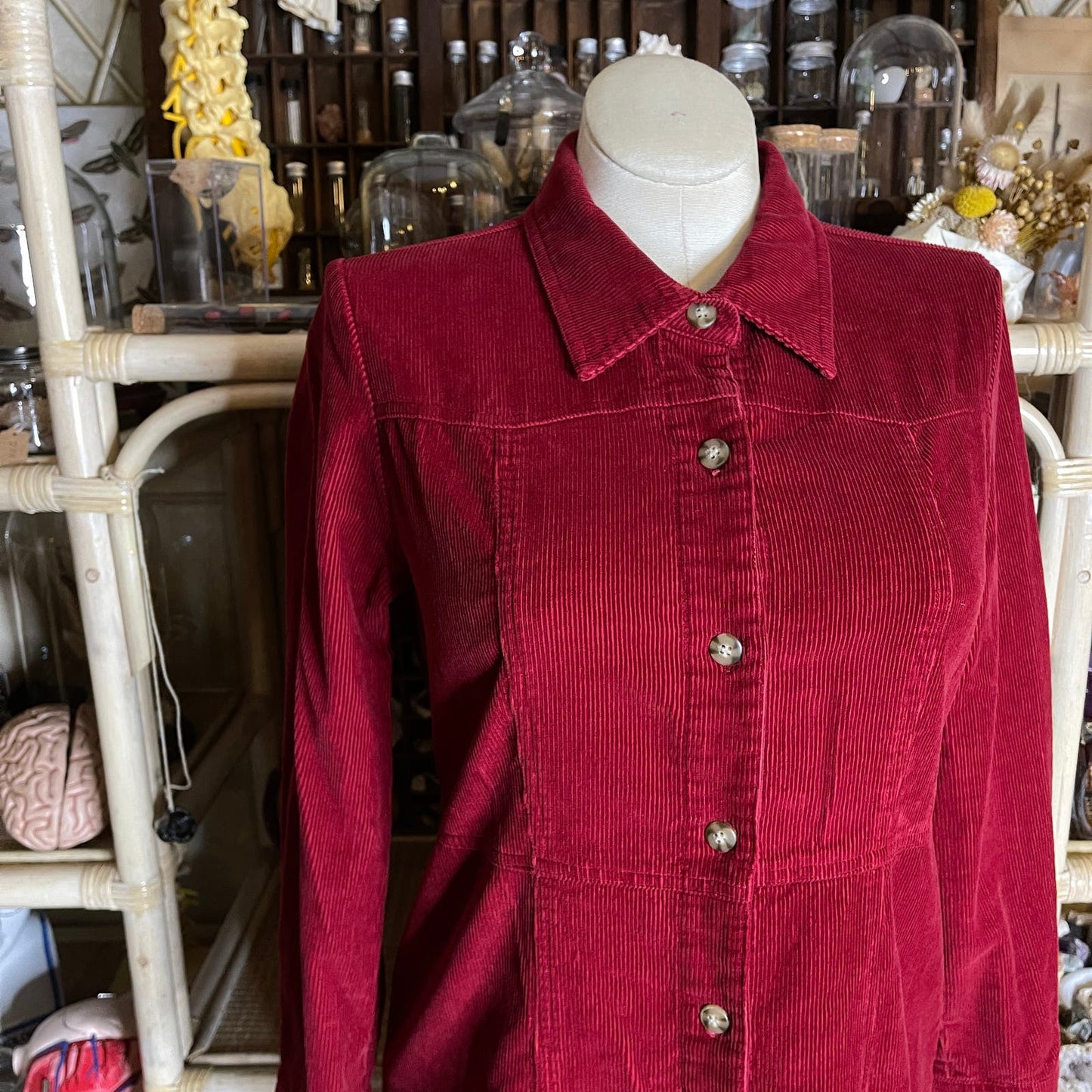 Vintage 90s Red Corduroy Dress Long Sleeves Button Front Midi Chelsea Studio 14P