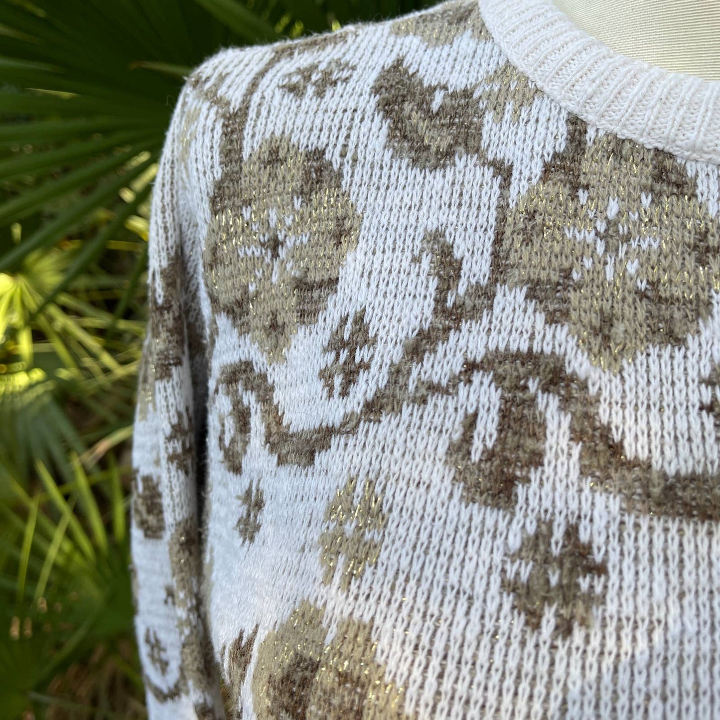 Vintage 80s Cream and Gold Floral Geometric Sweater Metallic by Stefano Size S