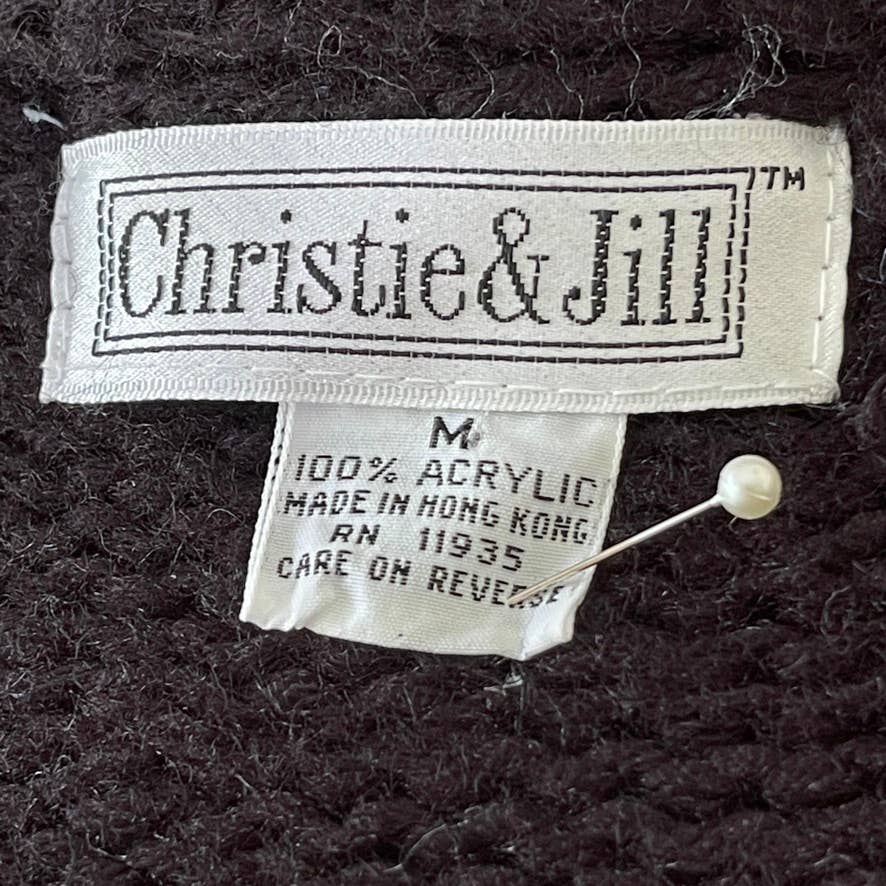 Vintage 80s Black Long Cardigan with Swallow Bird Swirls Christie & Jill L XL