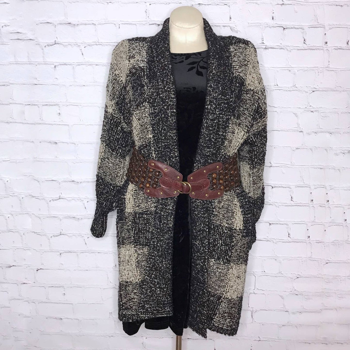 Vintage 80s Boucle Cardigan Taupe and Black Plaid Long Open Sideffects Size S