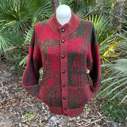 GRM Red and Green Geometric Cardigan Sweater Unissex Pockets 80s Vtg Size L