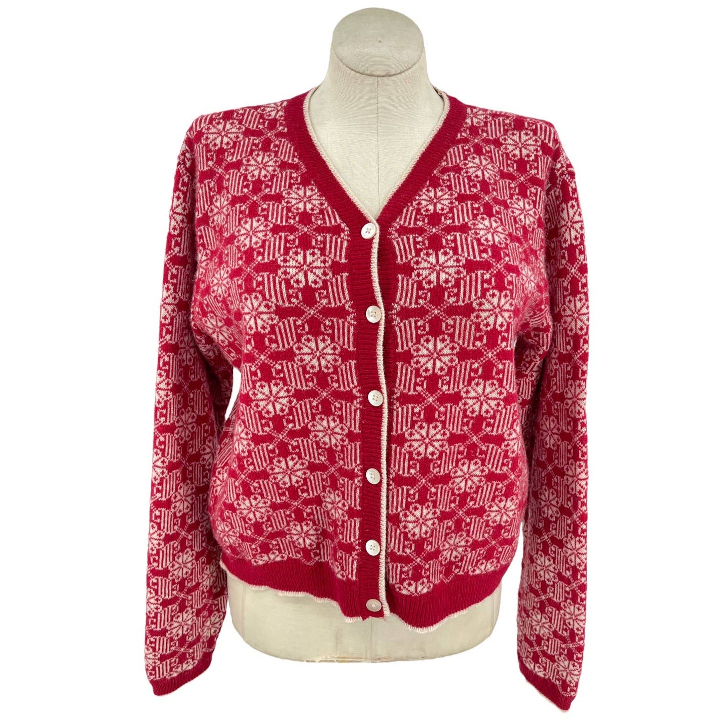 Vintage 90s Red and Cream Lambswool Cardigan Sweater Winter Gap Size L