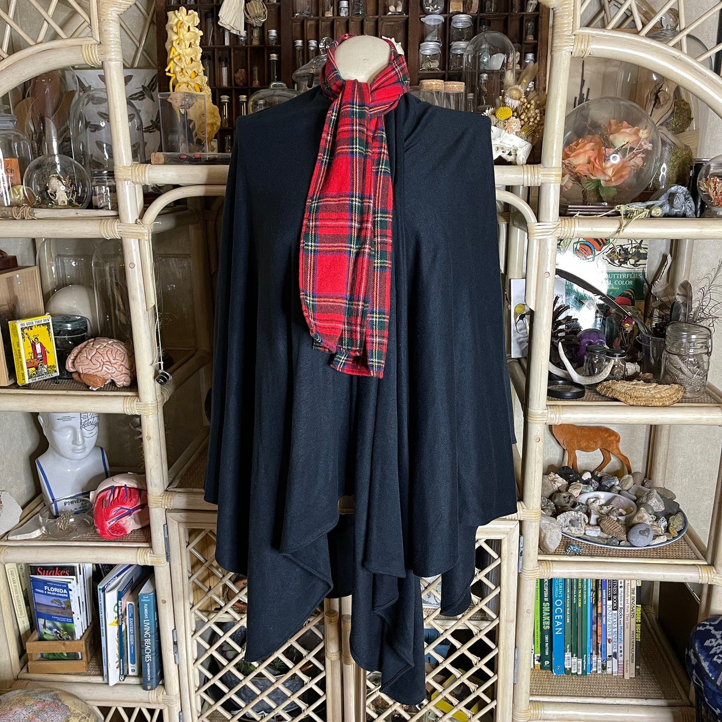 Vintage 70s Black Shawl Poncho with Red Plaid Wool Blend Neck Scarf One Size