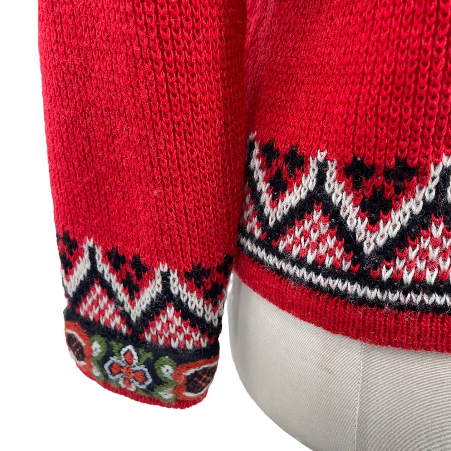 Vintage 70s Red Wool Cardigan Sweater Metal Clasps Nordic Crewel Nordstikk 40