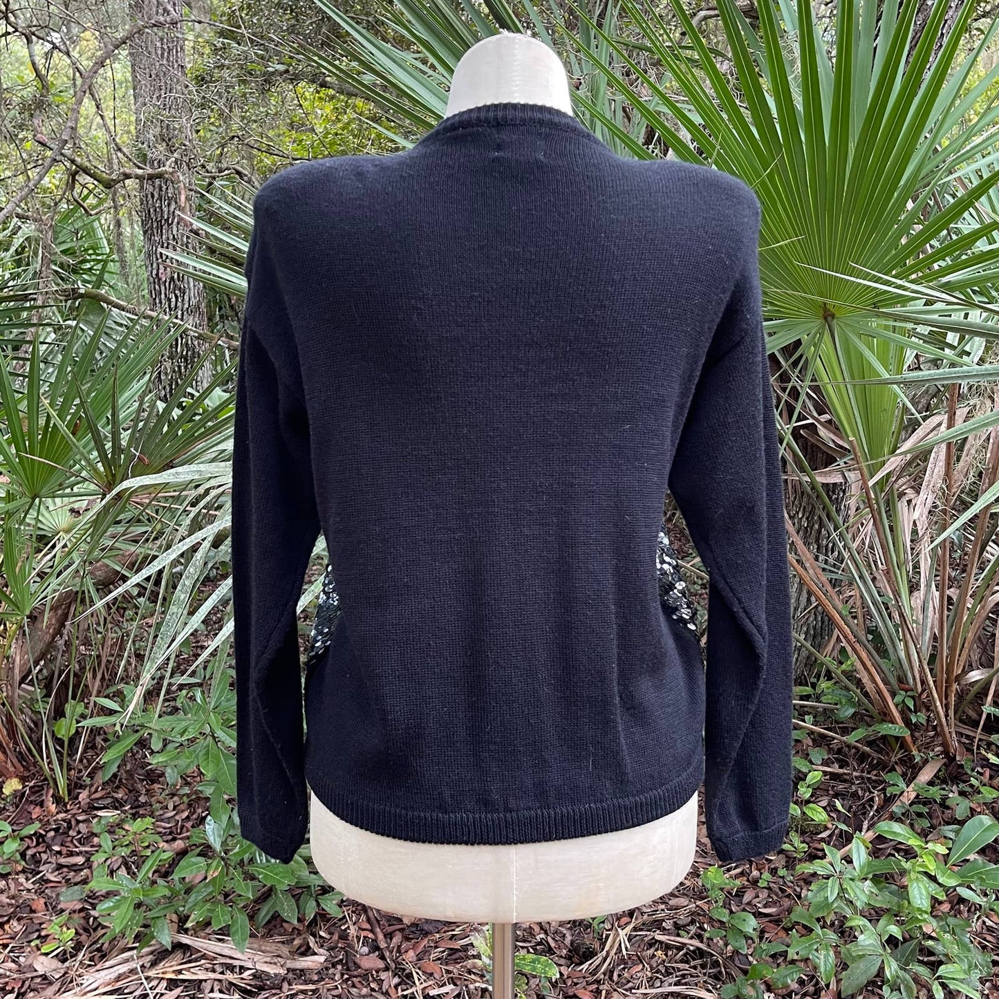 Vintage 80s Black Sequin Cardigan Sweater Buttons Wool Blend Tony Lambert Size M