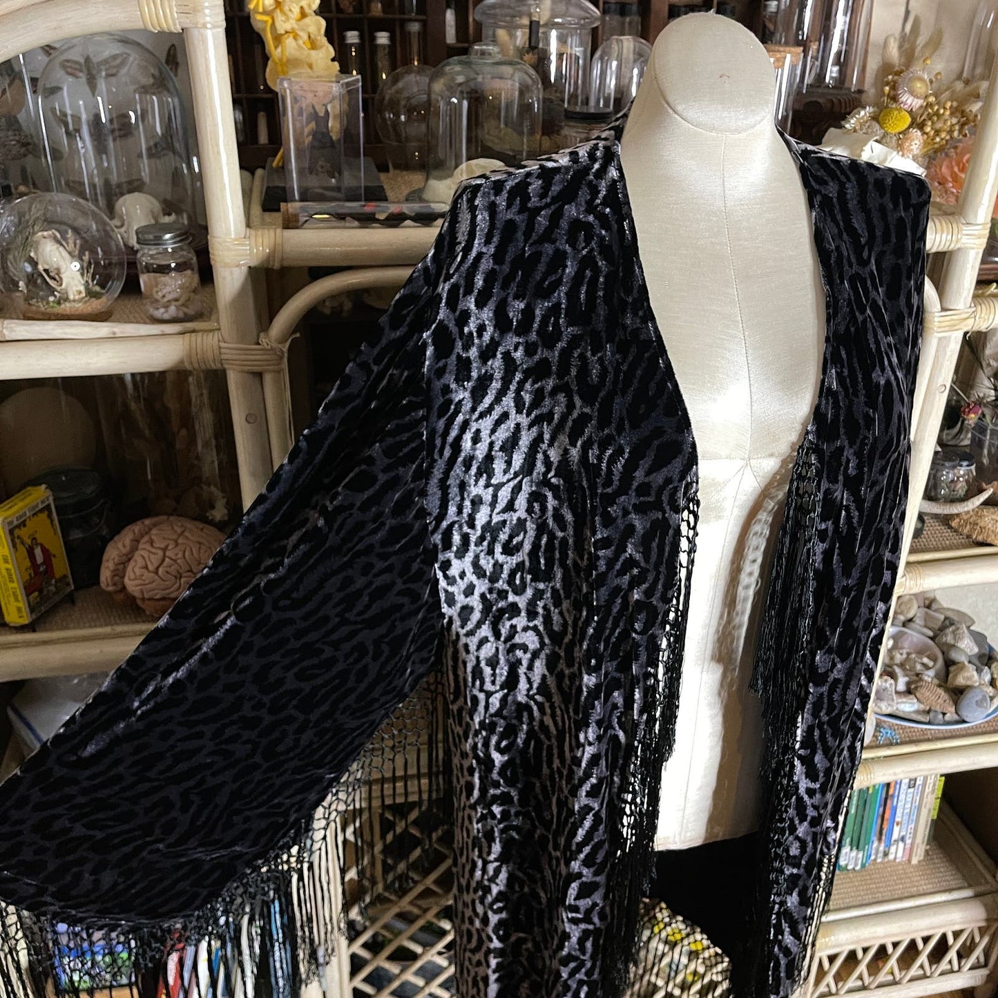 Haus of Denim and Lace Gray Leopard Print Duster Fringed Silk Velvet One Size