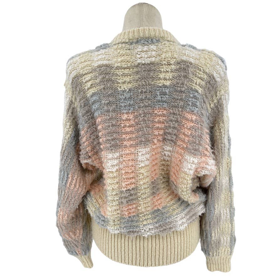 Vintage 80s Boho Beige Fuzzy Sweater Oversized Cozy Cardigan Lindsay Scott M