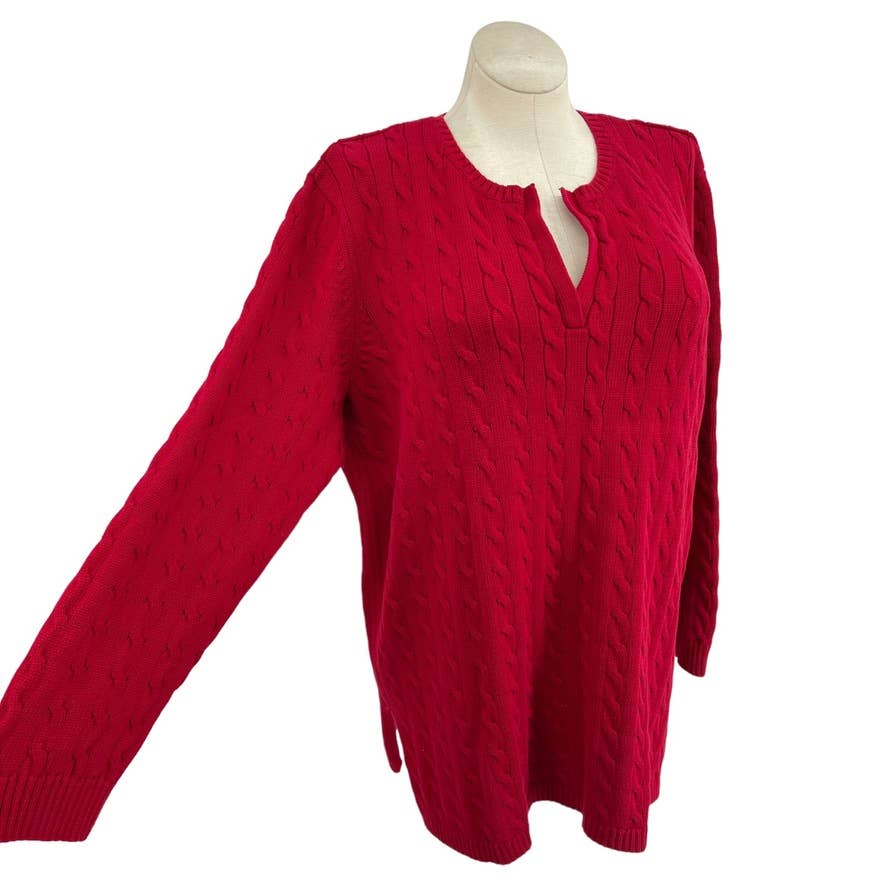Ralph Lauren Red Cable Knit Sweater Split Neck Long Sleeves Cozy Volup Size 3X