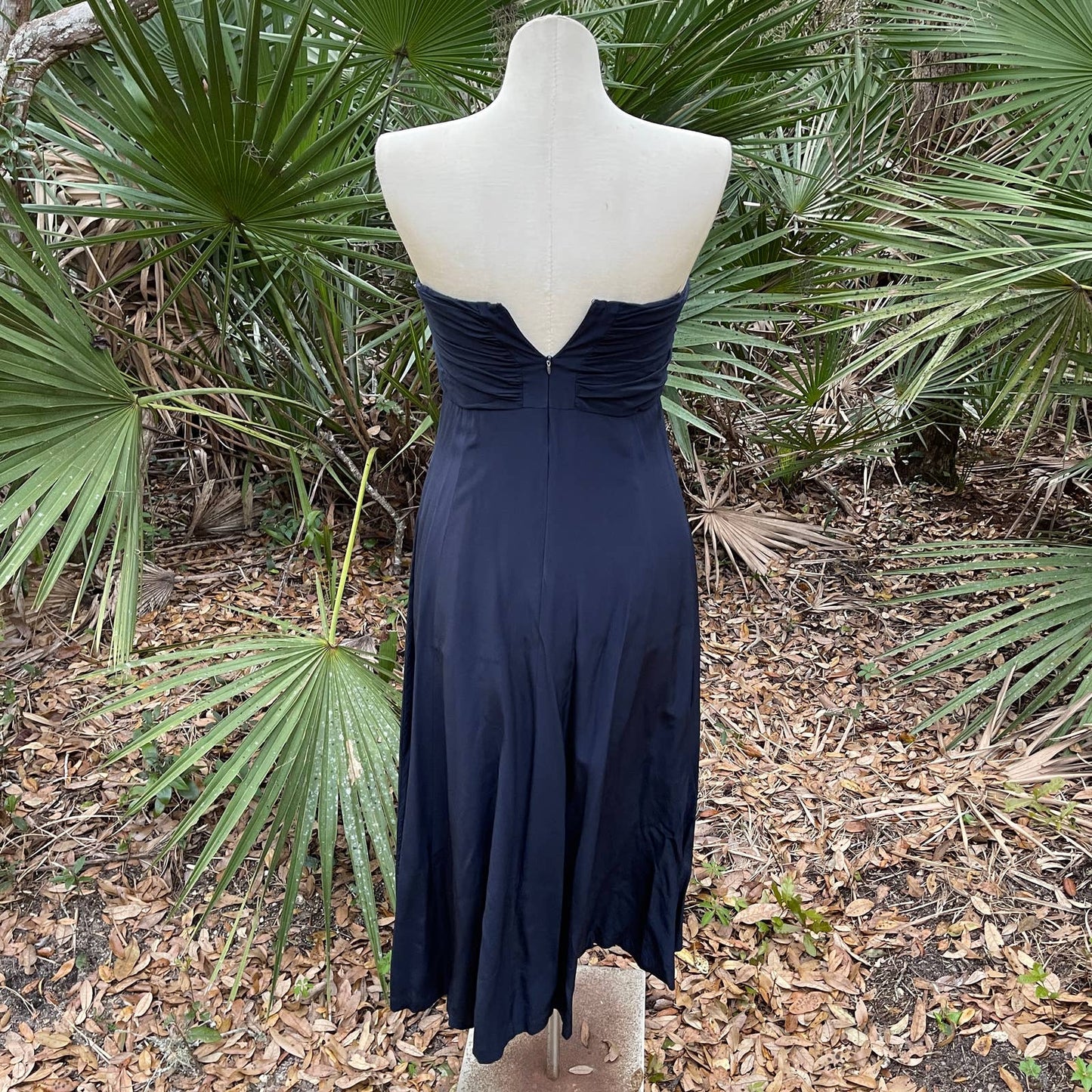 Strapless Silk Gown Dark Blue Midi Dress Boned Bust Ellen Tracy Size 12