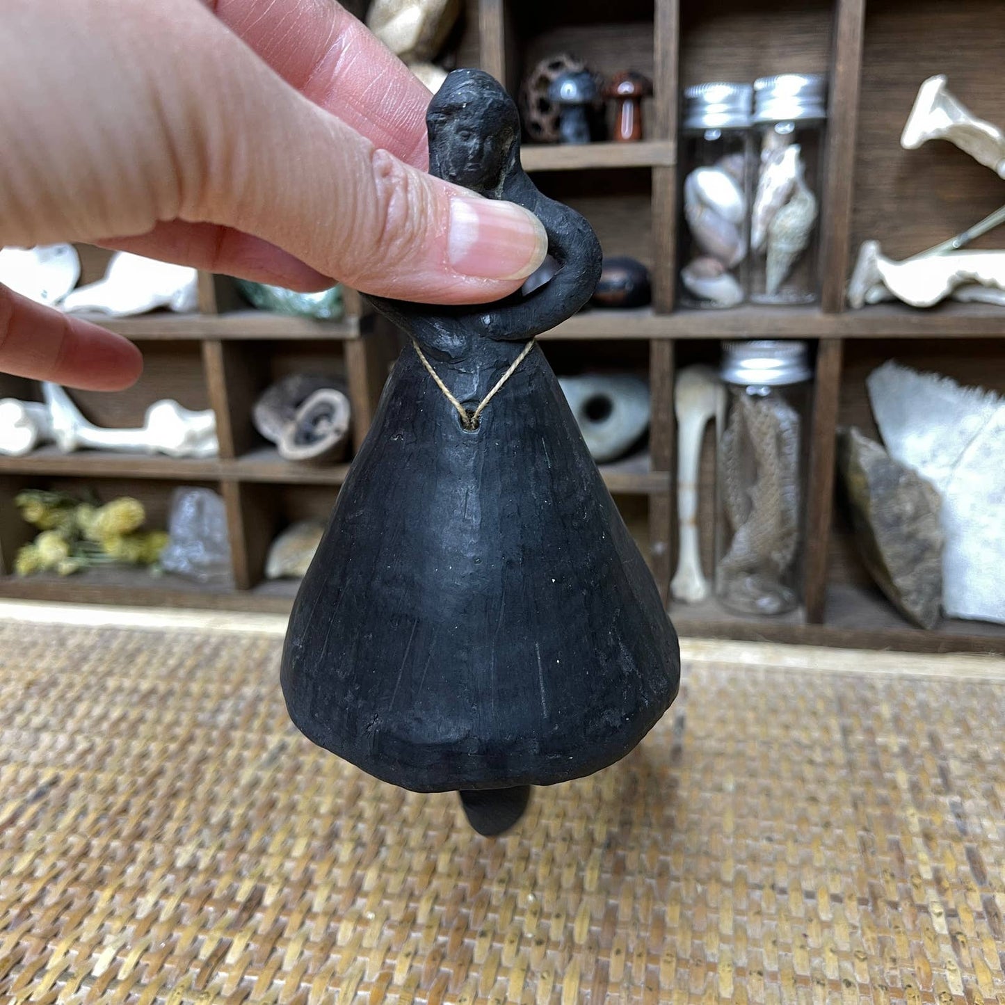 Vintage Primitive Black Clay Bell Woman Mexican Oaxaca Folk Art