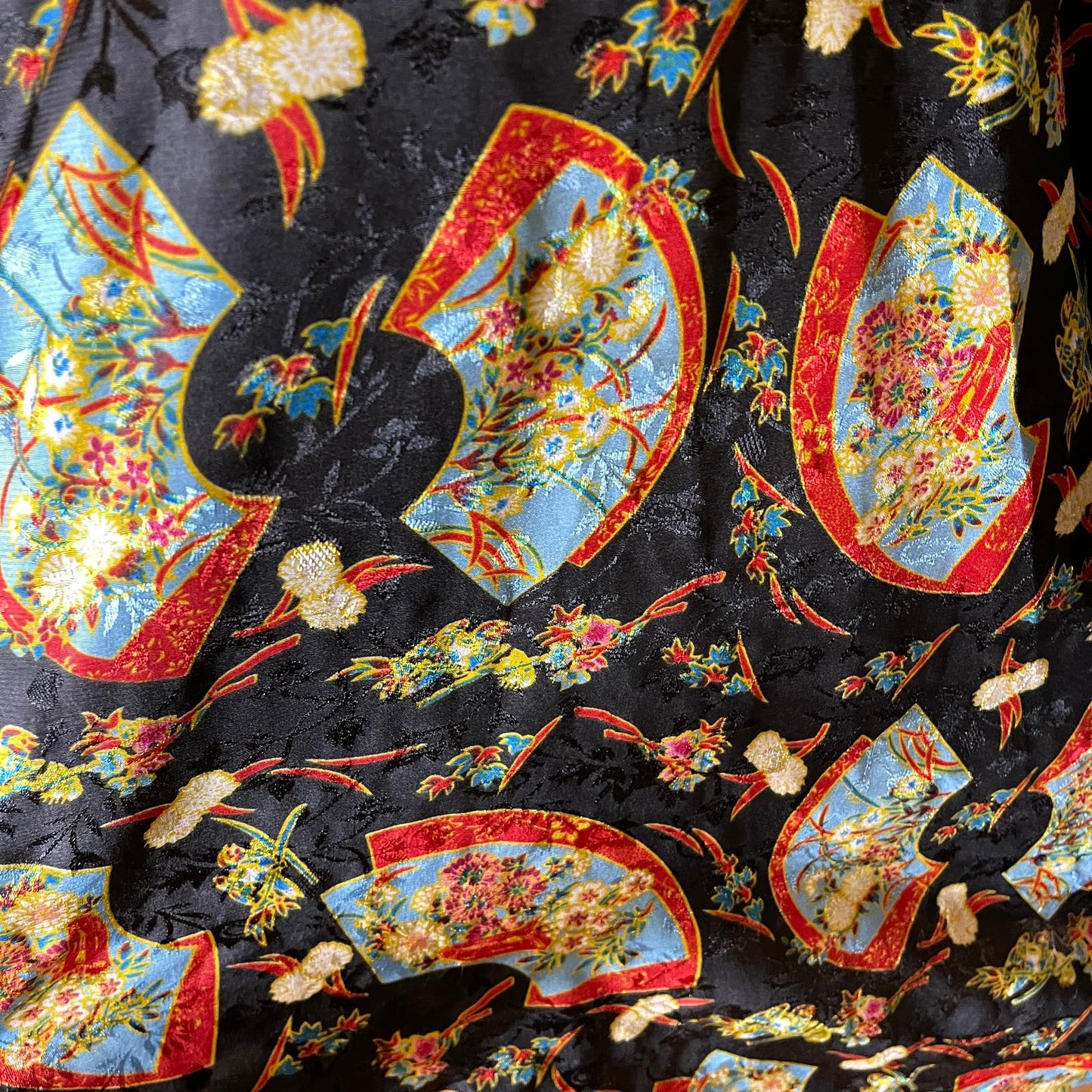 Vintage 80s Black Woven Satin Nightgown Shirt Asian Fan Design Pockets