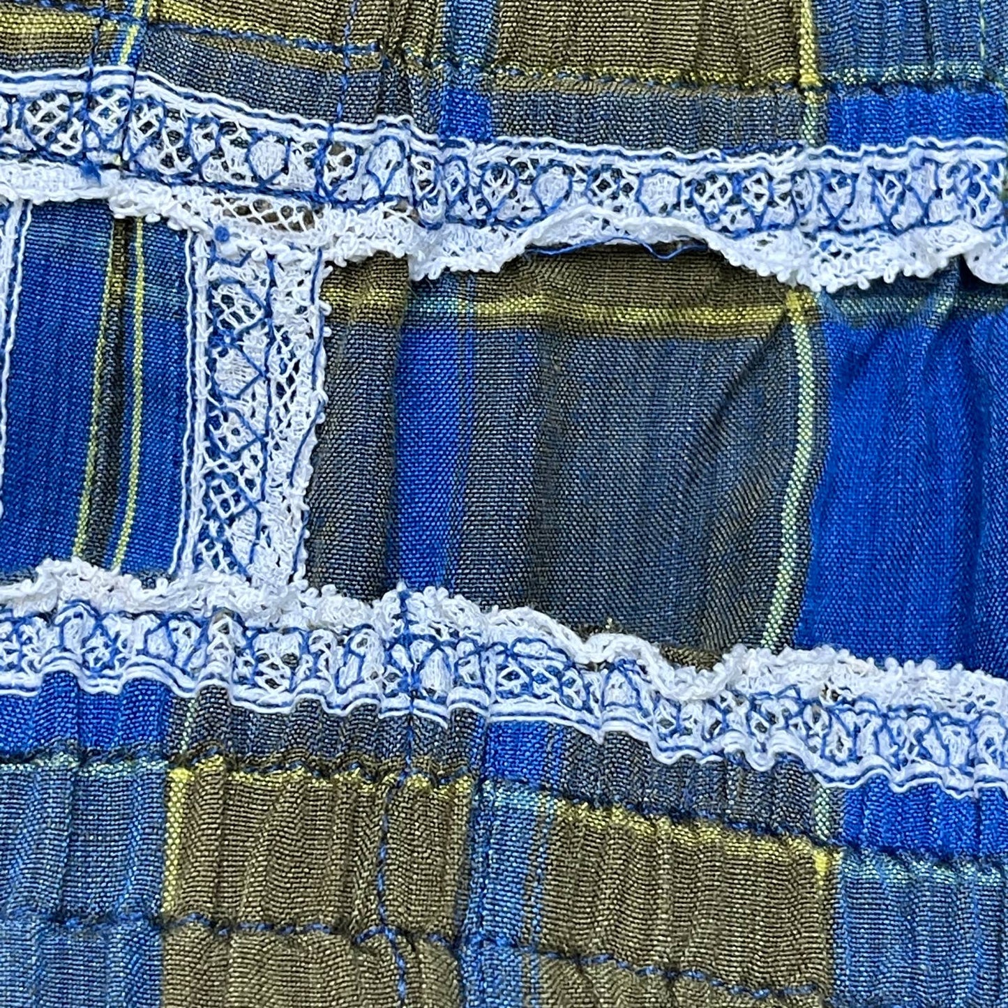 Vintage Blue Green Plaid Midi Skirt Ikat Geometric Cotton Slit Handmade Size M L