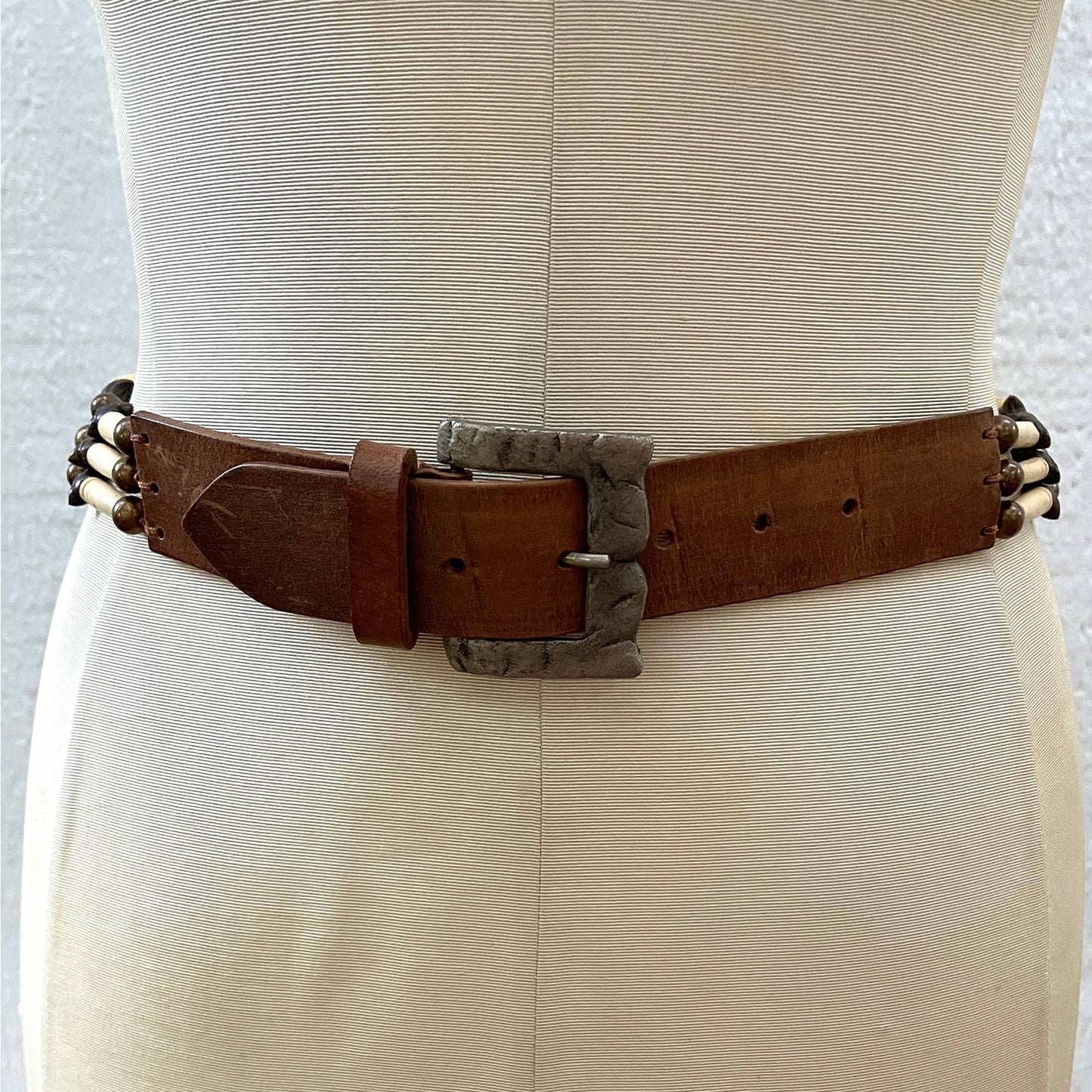 Vintage 90s Leather and Brass Beaded Belt Bohemian Made in India Size M