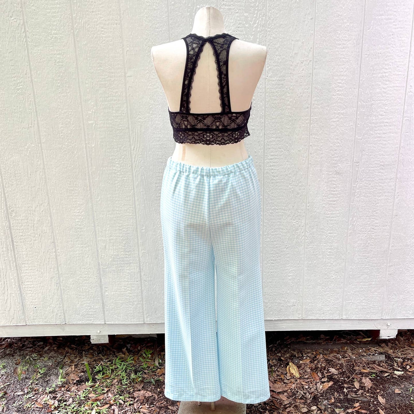 Vintage 70s Blue White Gingham Wide Leg Pull On Pants Double Knit Poly Size XL