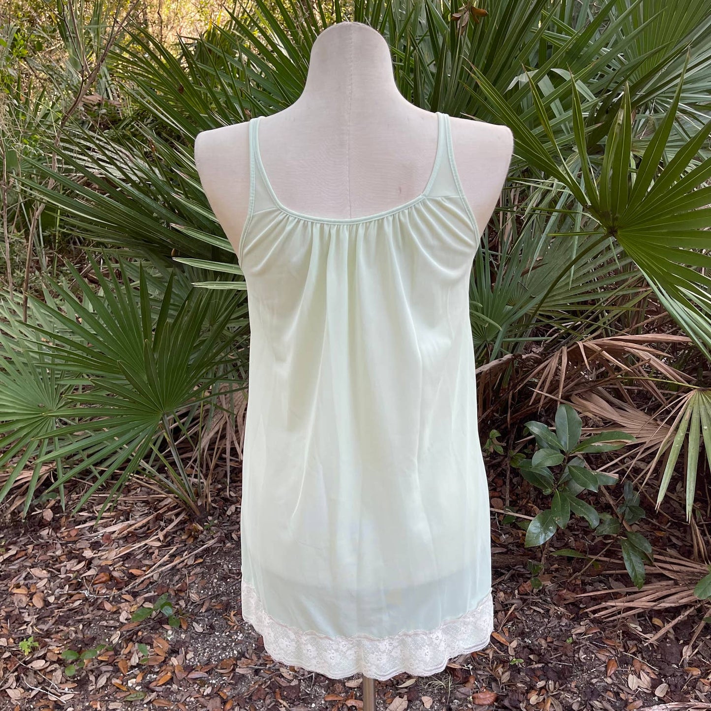 Vintage 60s Green Babydoll Nightgown Lace Hem Sleeveless Berkliff Size S