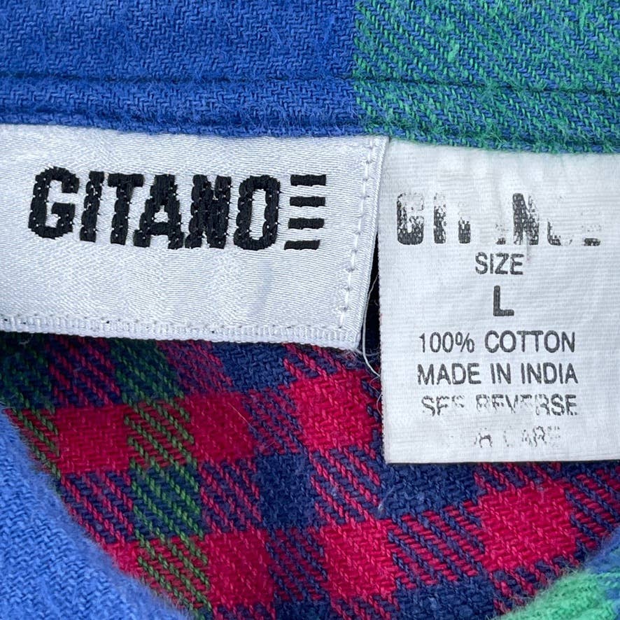 Vintage 90s Colorblock Plaid Flannel Button Up Shirt Long Sleeve Trim Gitano L