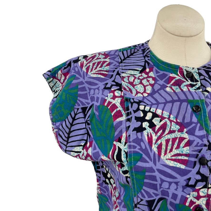 Vintage 90s Purple Leaf Print Boxy Blouse Tropical Cotton Tie Front Jaclyn Smith
