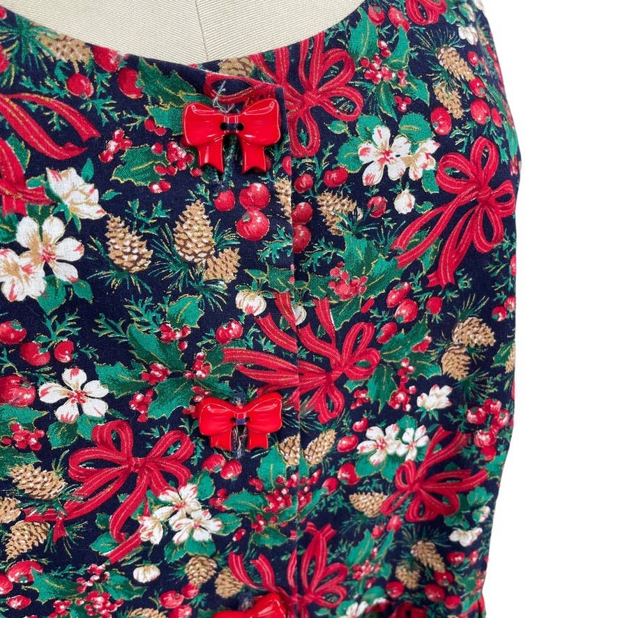 Vintage Sleeveless Dress Cotton Pinecones Holly Midi Dress Bow Buttons Home Made