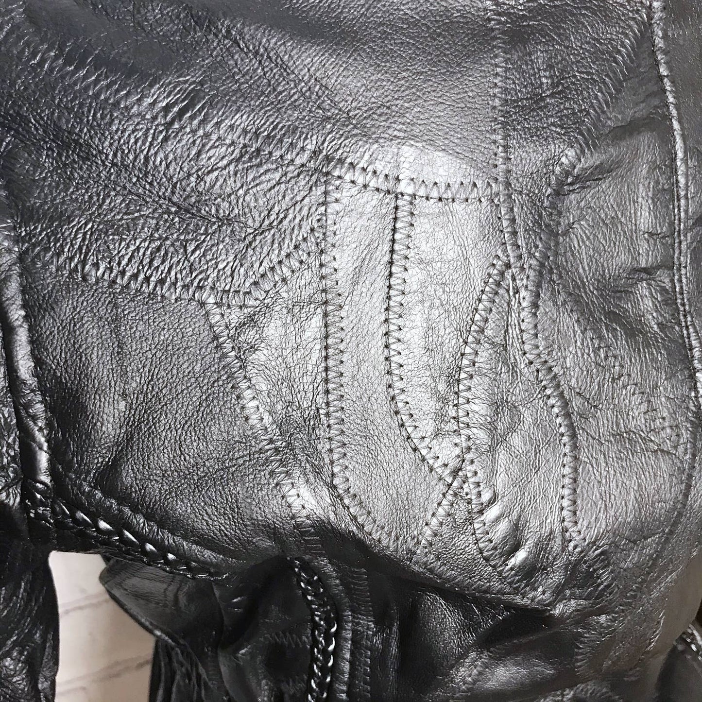 Vintage 90s Black Leather Patchwork Jacket Biker Diamond Plate Size S