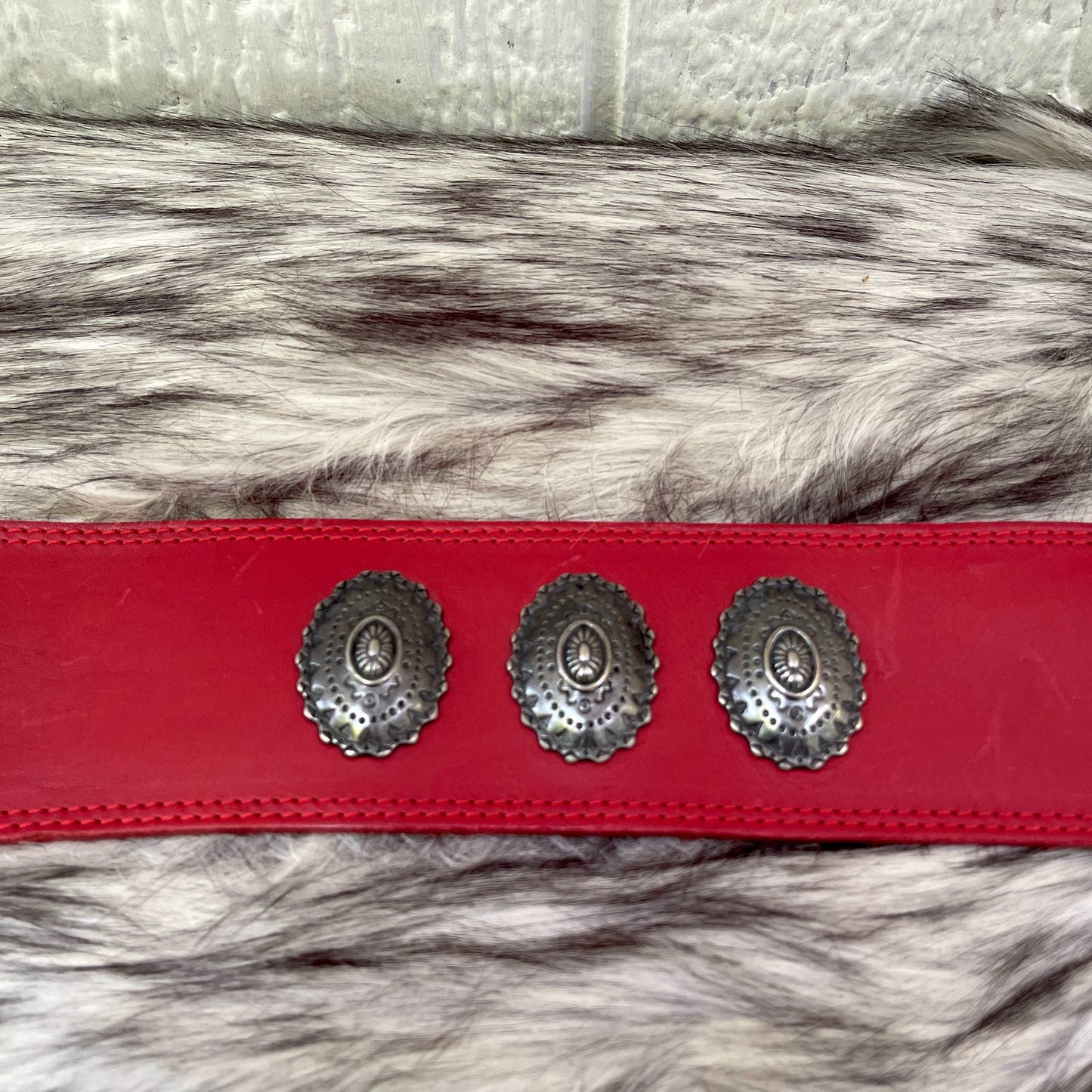 Vintage 90s Red Leather Belt Southwestern Style Conchos Wide Ginnie Johansen