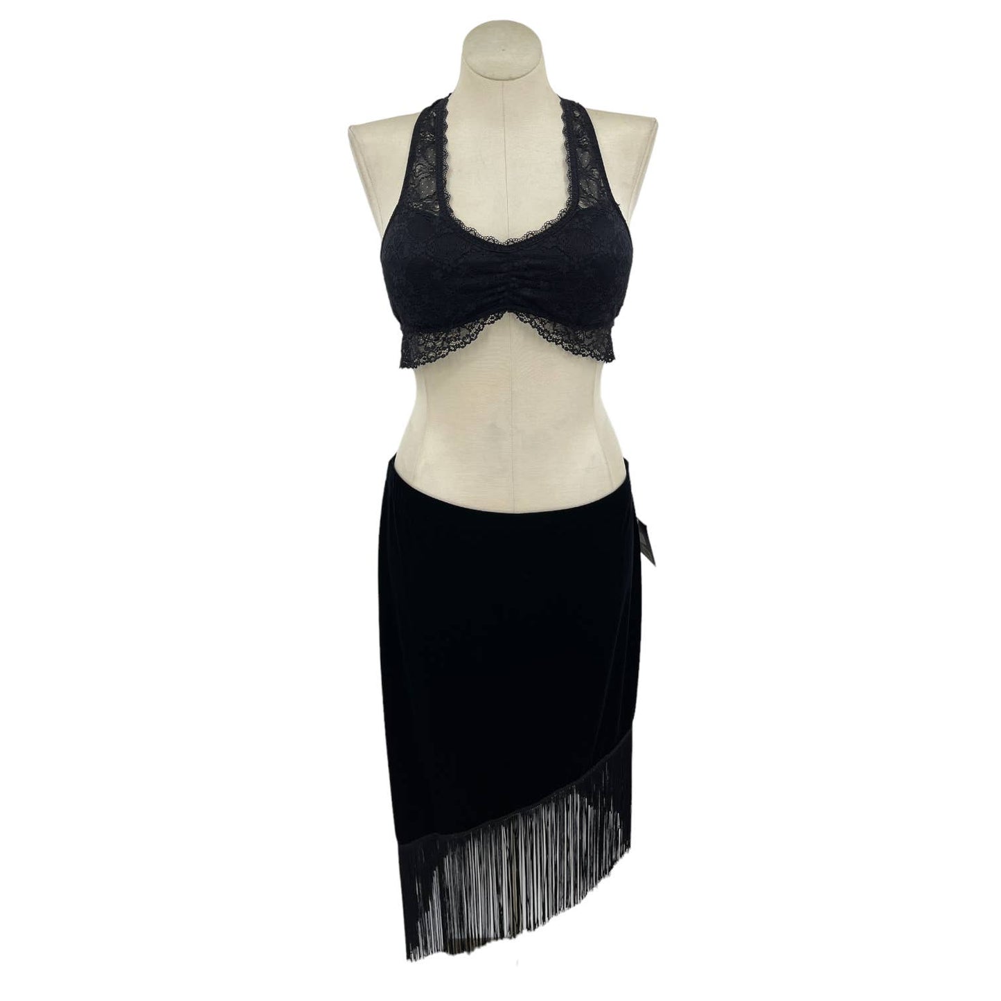 Vintage 90s Black Velvet Pencil Skirt Asymmetric Fringe Hem JS Collections 16