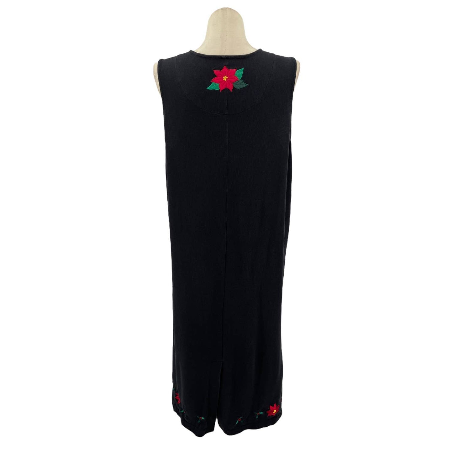 Vintage 90s Black Tank Style Dress Poinsettia Applique Sleeveless Bechamel Sz XL