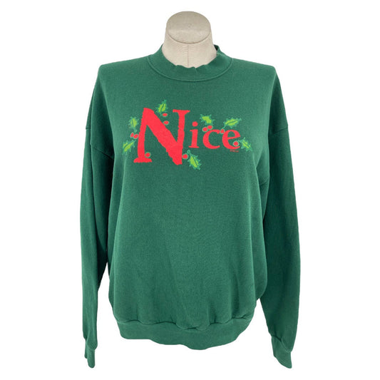 Vintage 90s Nice Sweatshirt Green Naughty or Nice Holly Trim LS Lee Size XL