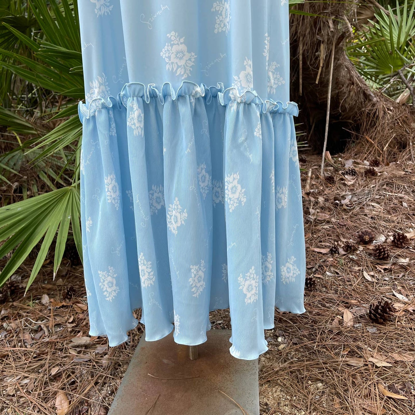Givenchy 80s Vintage Micropleat Nightgown Blue White Signature Maxi Size S M