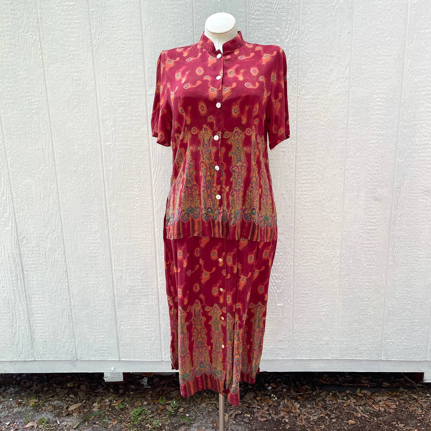 Vintage 90s Red Silk Paisley Skirt Set Button Up Short Sleeve Anna Gray Size M