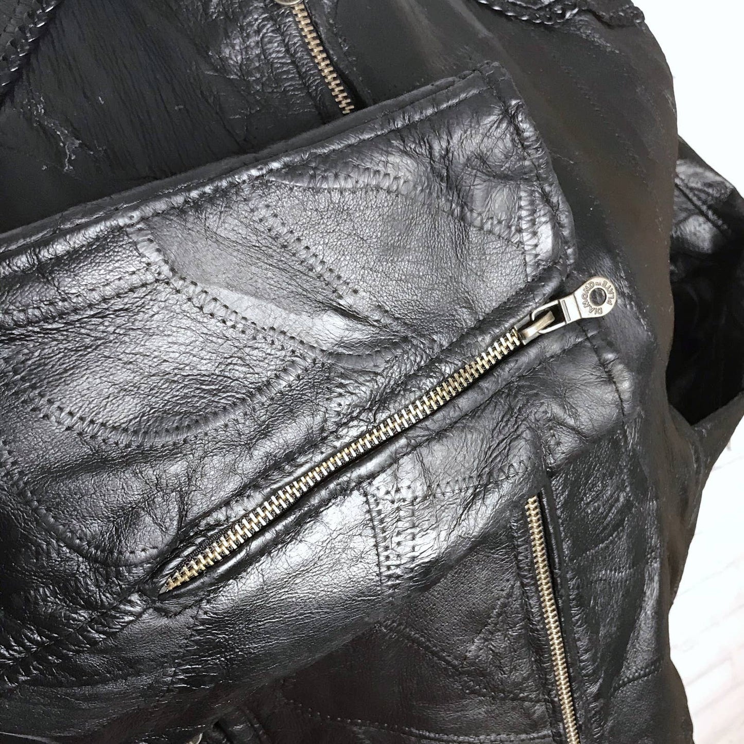 Vintage 90s Black Leather Patchwork Jacket Biker Diamond Plate Size S