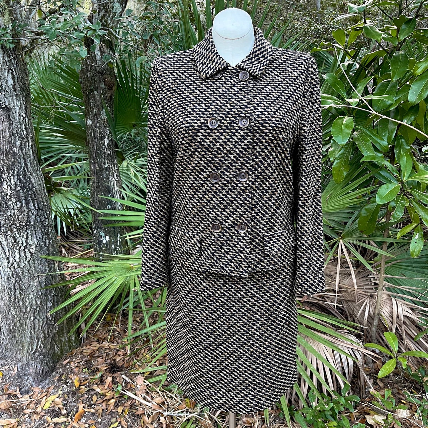 Vintage 90s Black and Brown Knit Skirt and Jacket Set Casselberry Knits Size 16