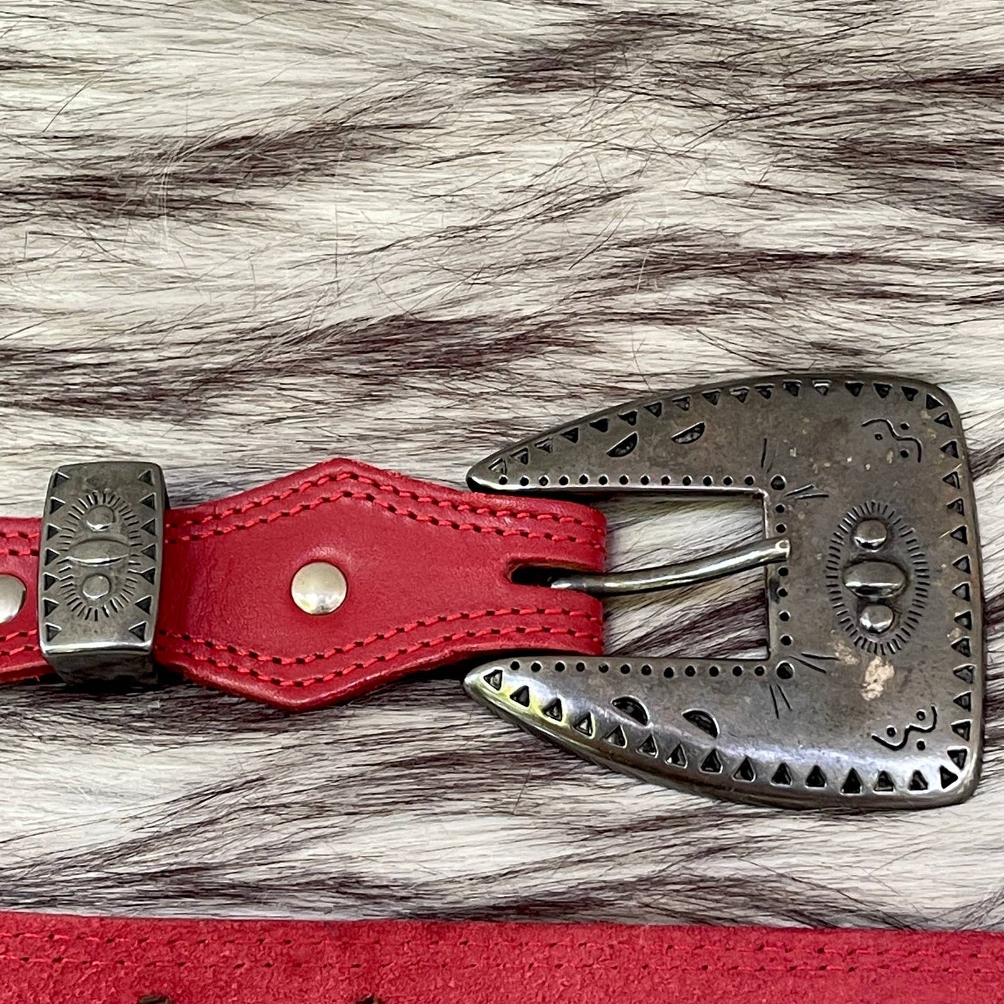 Vintage 90s Red Leather Belt Southwestern Style Conchos Wide Ginnie Johansen