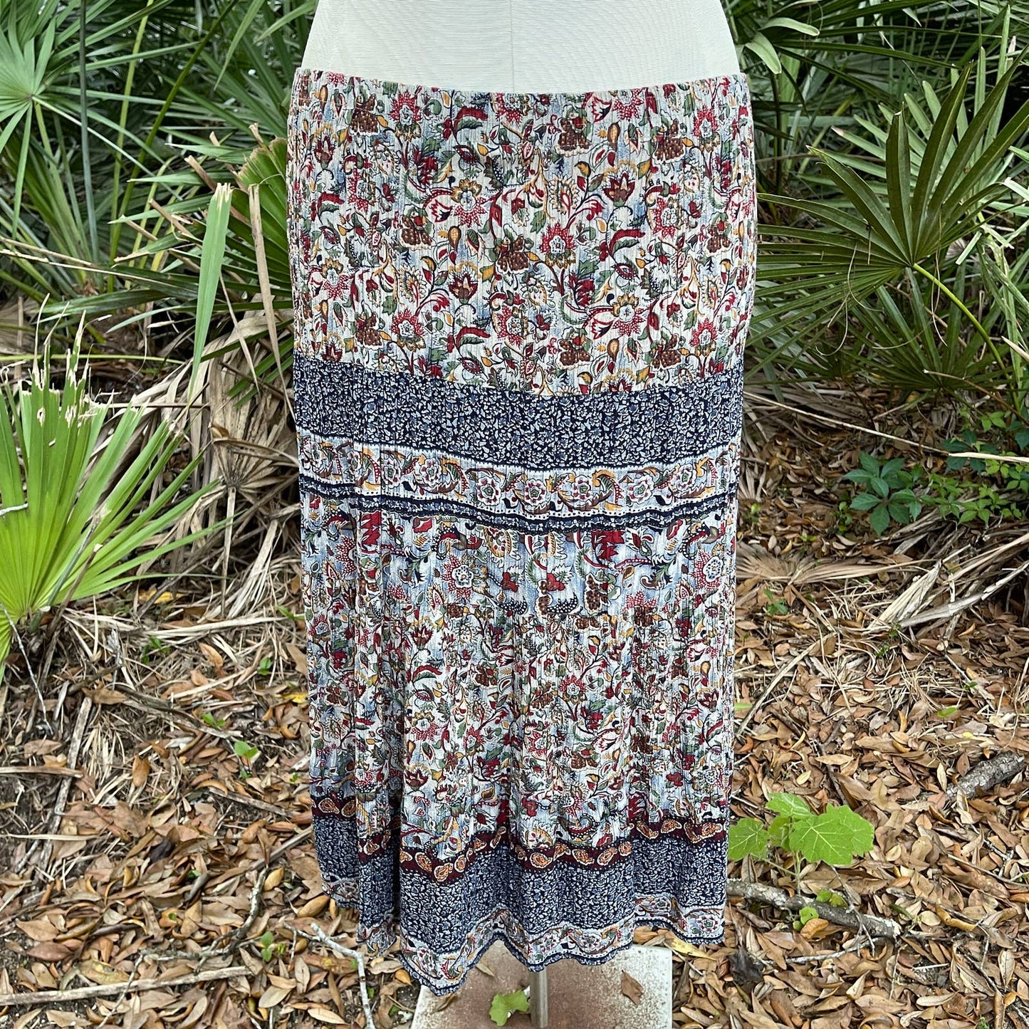 Vintage 80s Boho Skirt Set Blue Gray Top Crinkle Broomstick First Option Size M