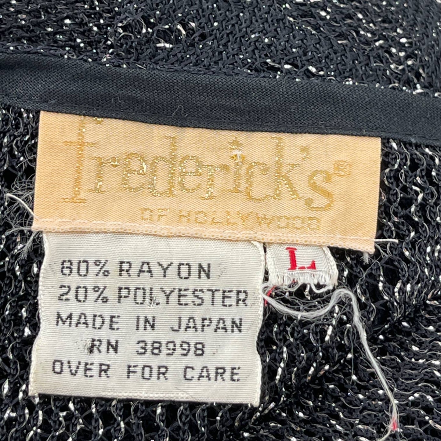 Vintage 70s Black Mesh Knit Top Fringe Silver Frederick's of Hollywood Size L