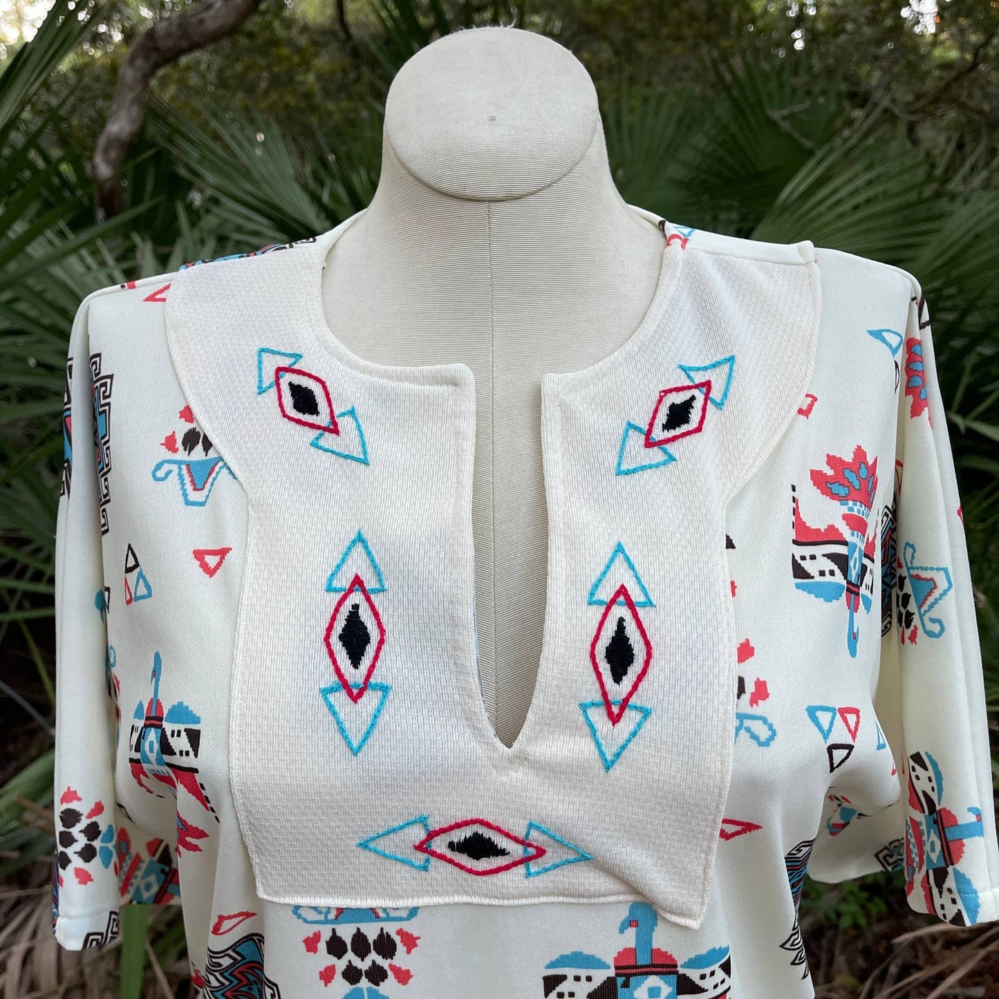 Vintage 70s Thunderbird Tunic Polyester Geometric Blouse Embroidered Size L