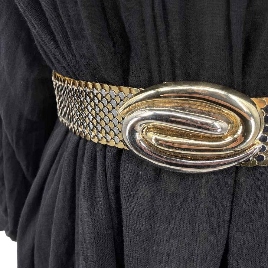 Vintage 80s Gold Silver Scale Sequent Stretch Belt Stylized Yin Yang by Day Lor