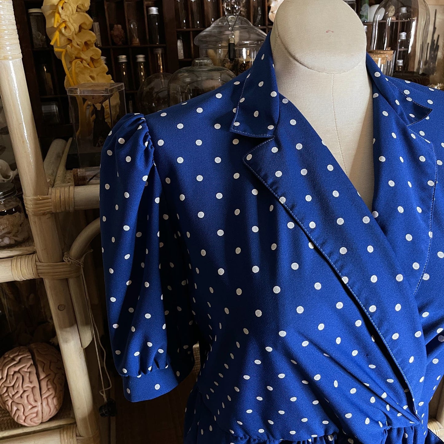 Vintage 80s Blue Midi Dress with White Polka Dots by Lady Carol Volup Size 14