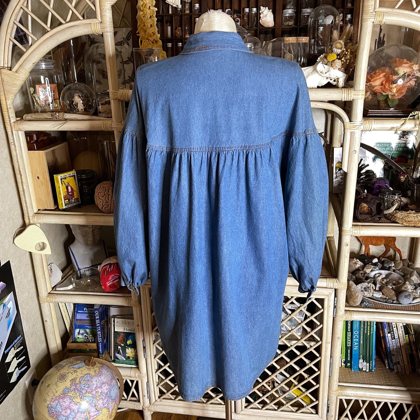 Vintage 90s Chambray Tunic Dress Celestial Moon and Sun Buttons Fun Dimensions