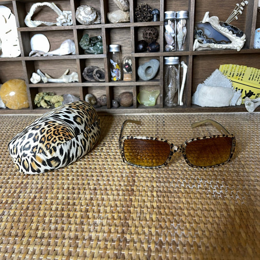 Vintage 90s Leopard Print Sunglasses Rectangular Sepia Lens With Case