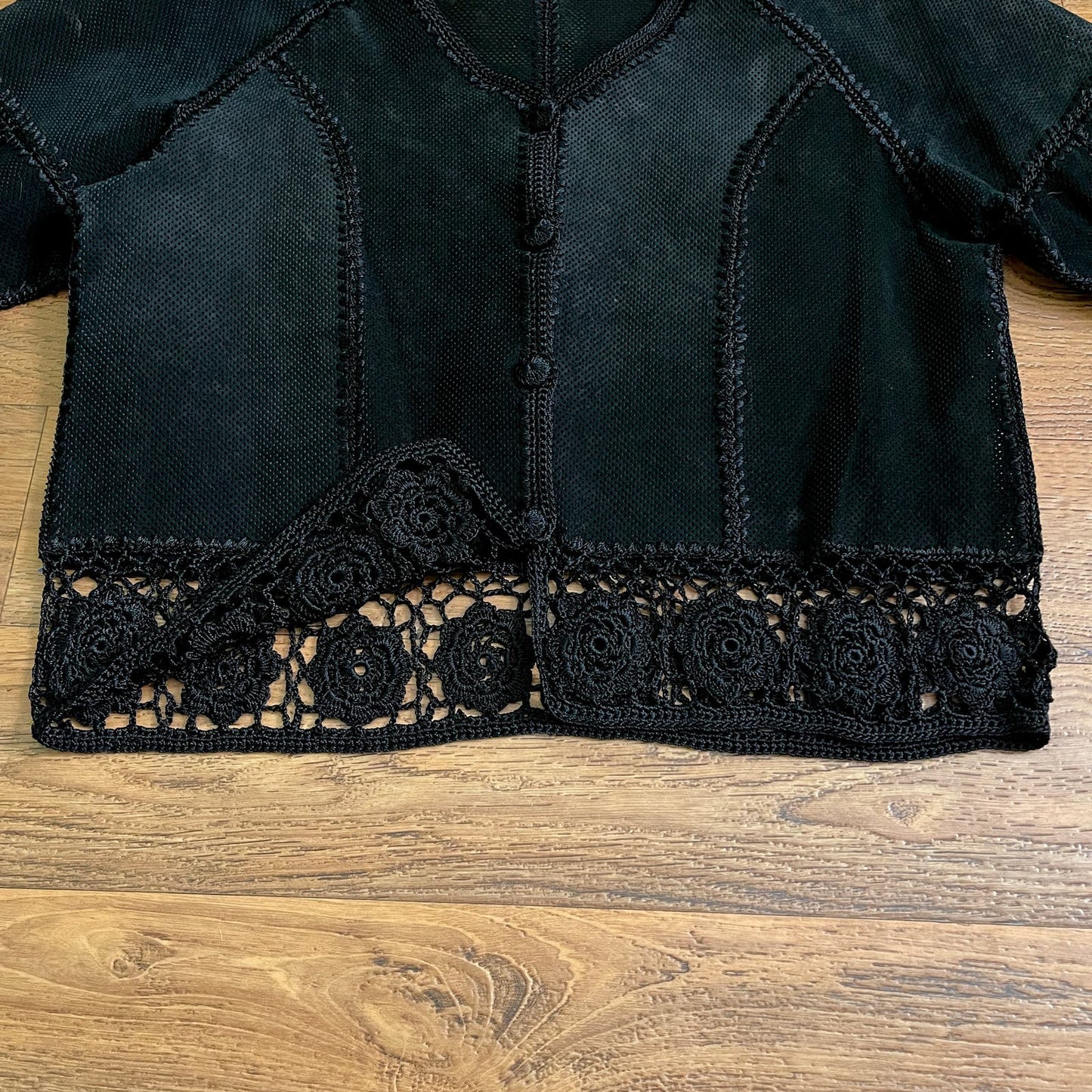 Vintage 90s Black Suede Leather Jacket or Shirt with Floral Crochet Details S
