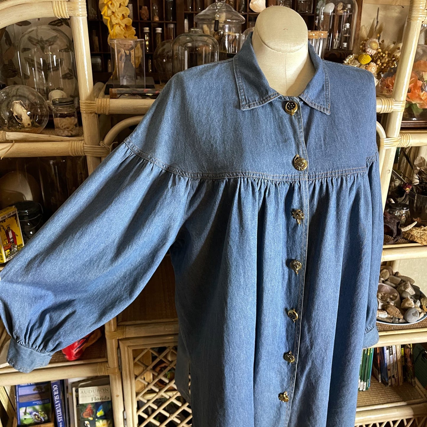 Vintage 90s Chambray Tunic Dress Celestial Moon and Sun Buttons Fun Dimensions