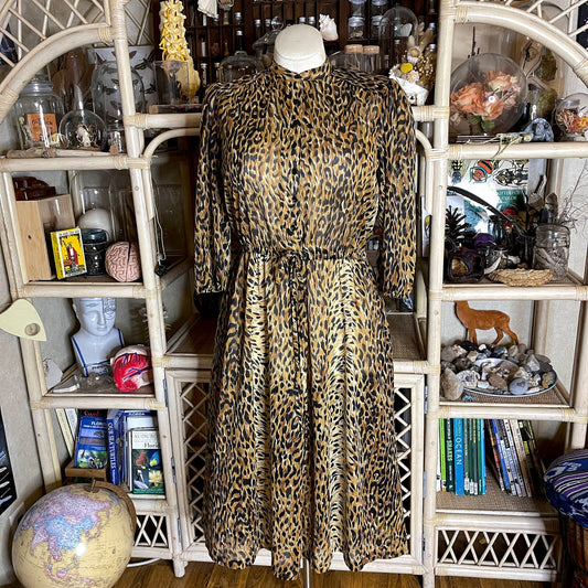Vintage 70s Leopard Print Midi Dress Lightweight Sheer Half Sleeves Size M L