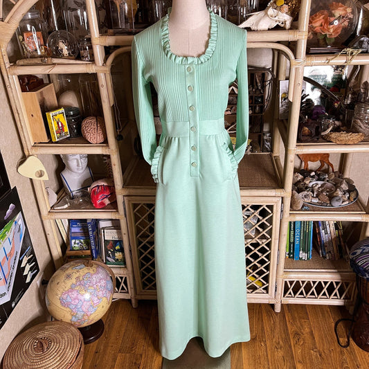 Vintage 70s Aqua Knit Maxi Dress with Ribbed Bodice Ruffle Details by Leslie Fay