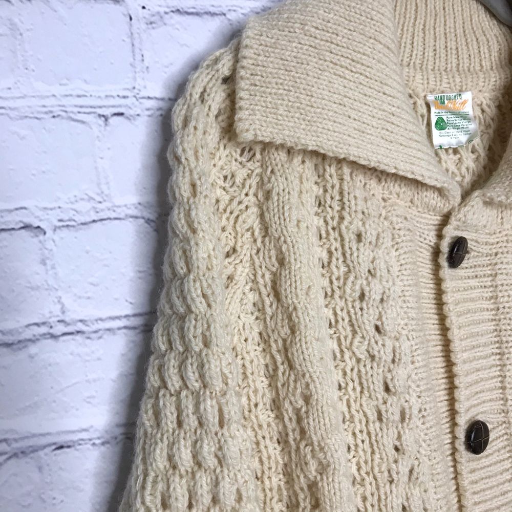 Vintage 90s Cream Chunky Knit Cardigan Sweater Irish Wool Una O’Neill Size M L