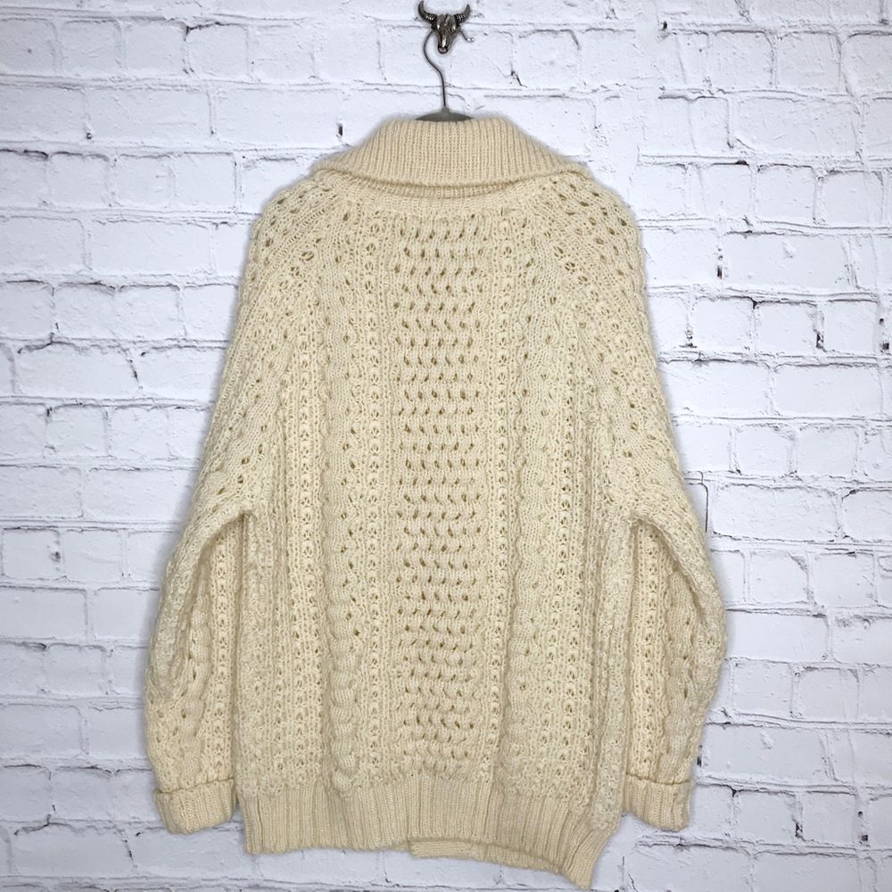 Vintage 90s Cream Chunky Knit Cardigan Sweater Irish Wool Una O’Neill Size M L
