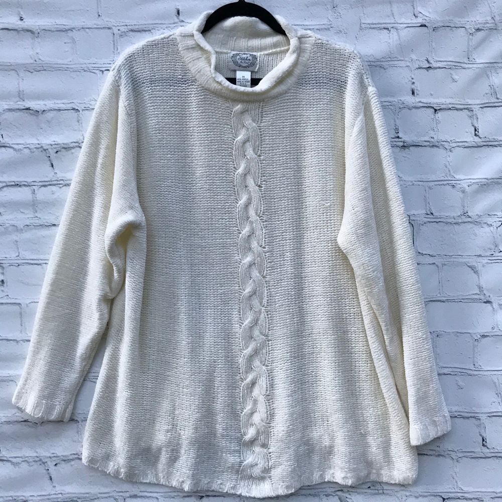 Vintage 90s Cream Chenille Mock Neck Sweater Stitches in Time Size 1X