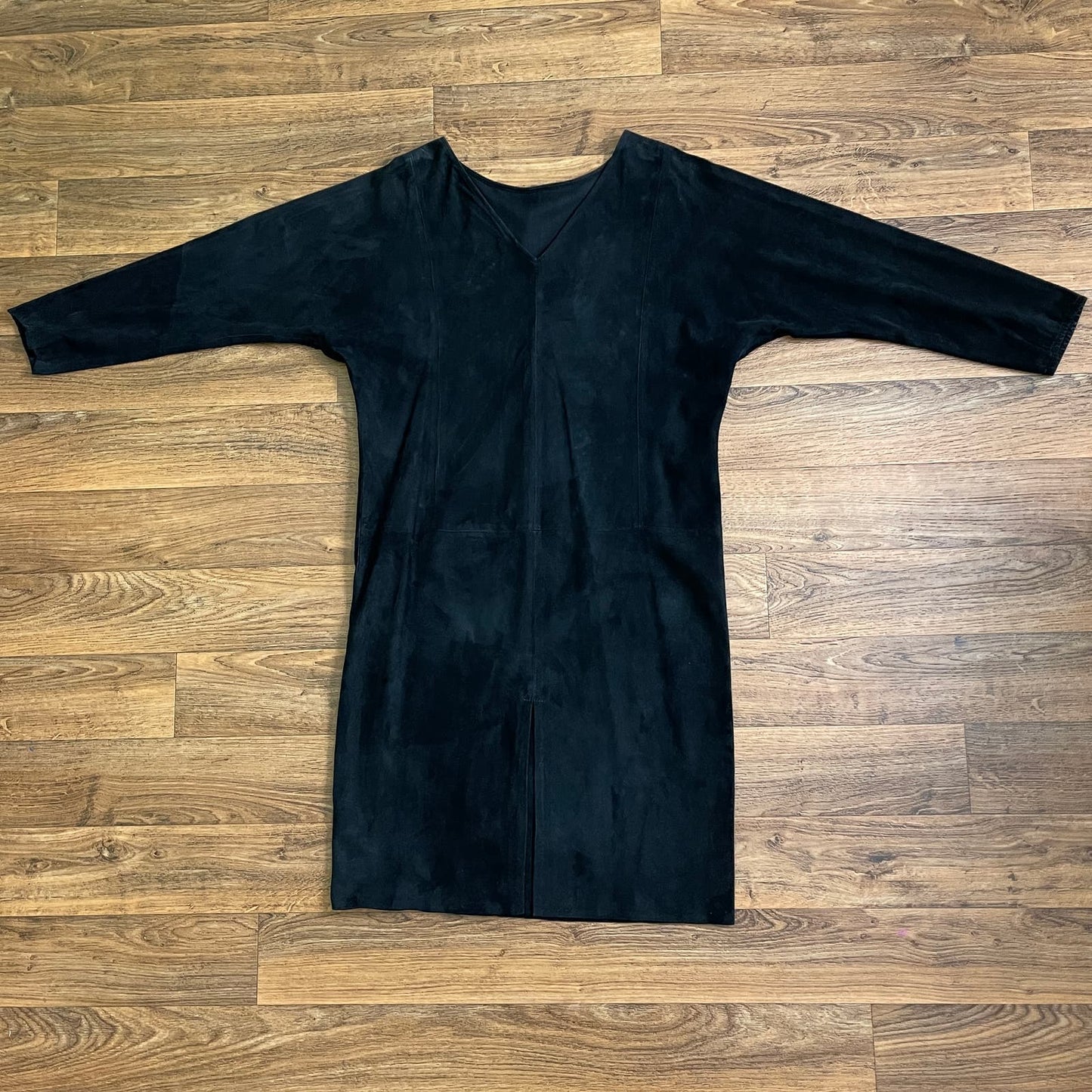 Vintage 90s Black Suede Leather Dress V Back Beaded Design Judith Ann Creations